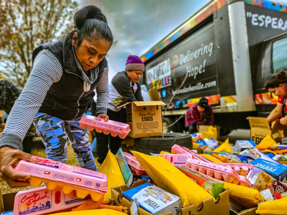 Gathhering eggs and esperanza for food supplies in Asheville